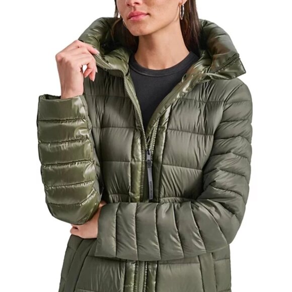 DKNY Jeans Womens Down Quilted Hooded Puffer Coat Olive Green Size Med MSRP $229 - Picture 5 of 6